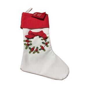 18" Christmas Stocking on Burlap Canvas 3 Dimensional Bows and berries Red White